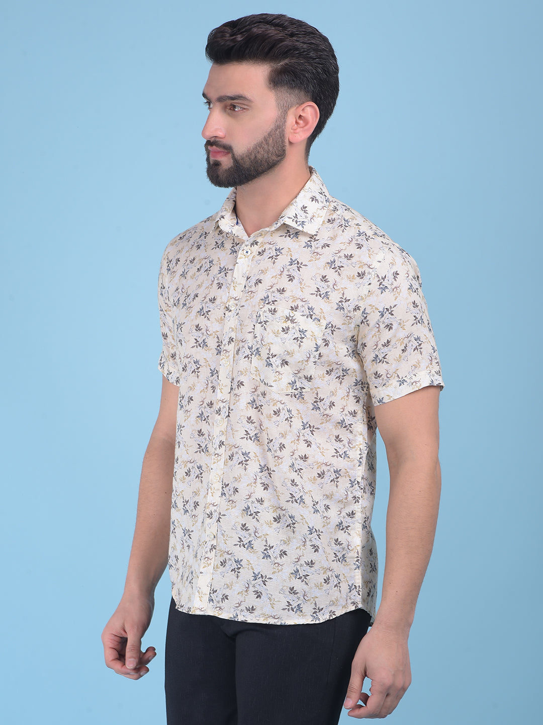 Beige Floral Print 100% Cotton Shirt-Men Shirts-Crimsoune Club