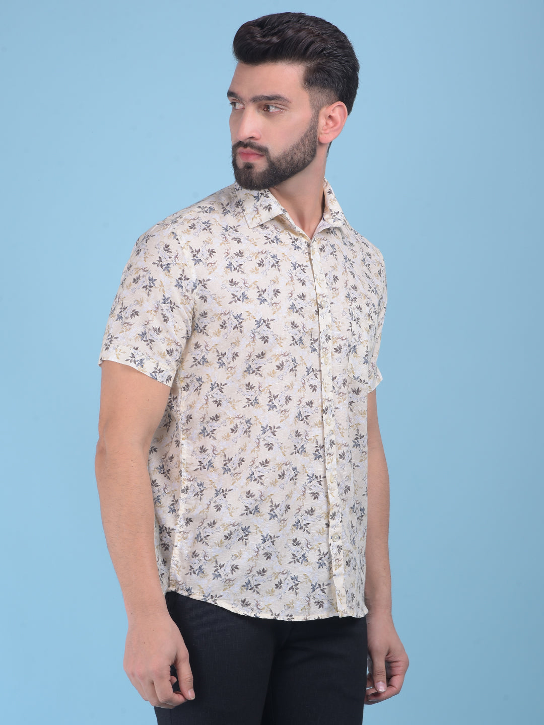 Beige Floral Print 100% Cotton Shirt-Men Shirts-Crimsoune Club