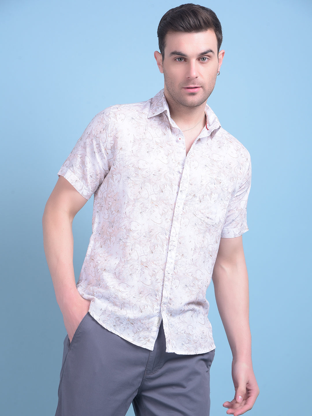 Peach Floral Print 100% Cotton Shirt-Men Shirts-Crimsoune Club