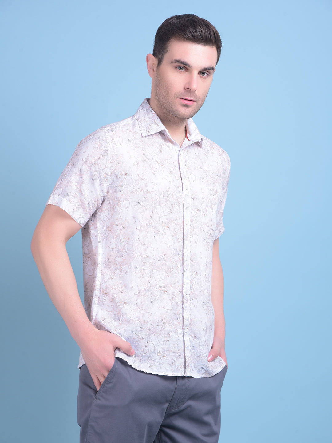 Peach Floral Print 100% Cotton Shirt-Men Shirts-Crimsoune Club