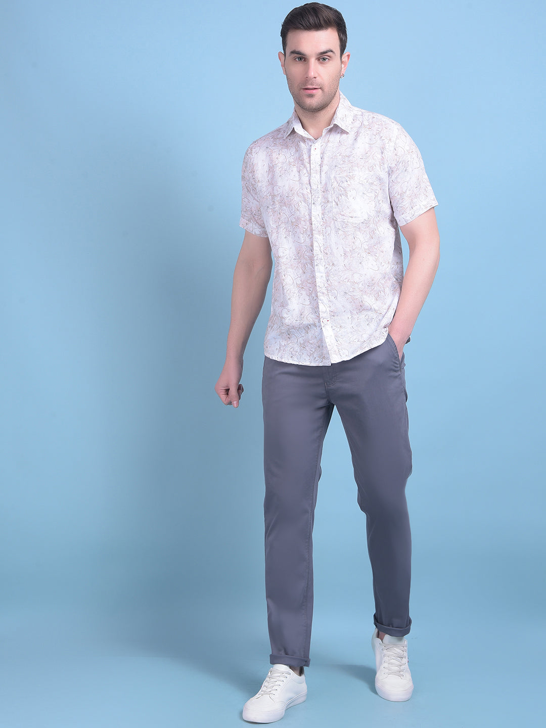 Peach Floral Print 100% Cotton Shirt-Men Shirts-Crimsoune Club