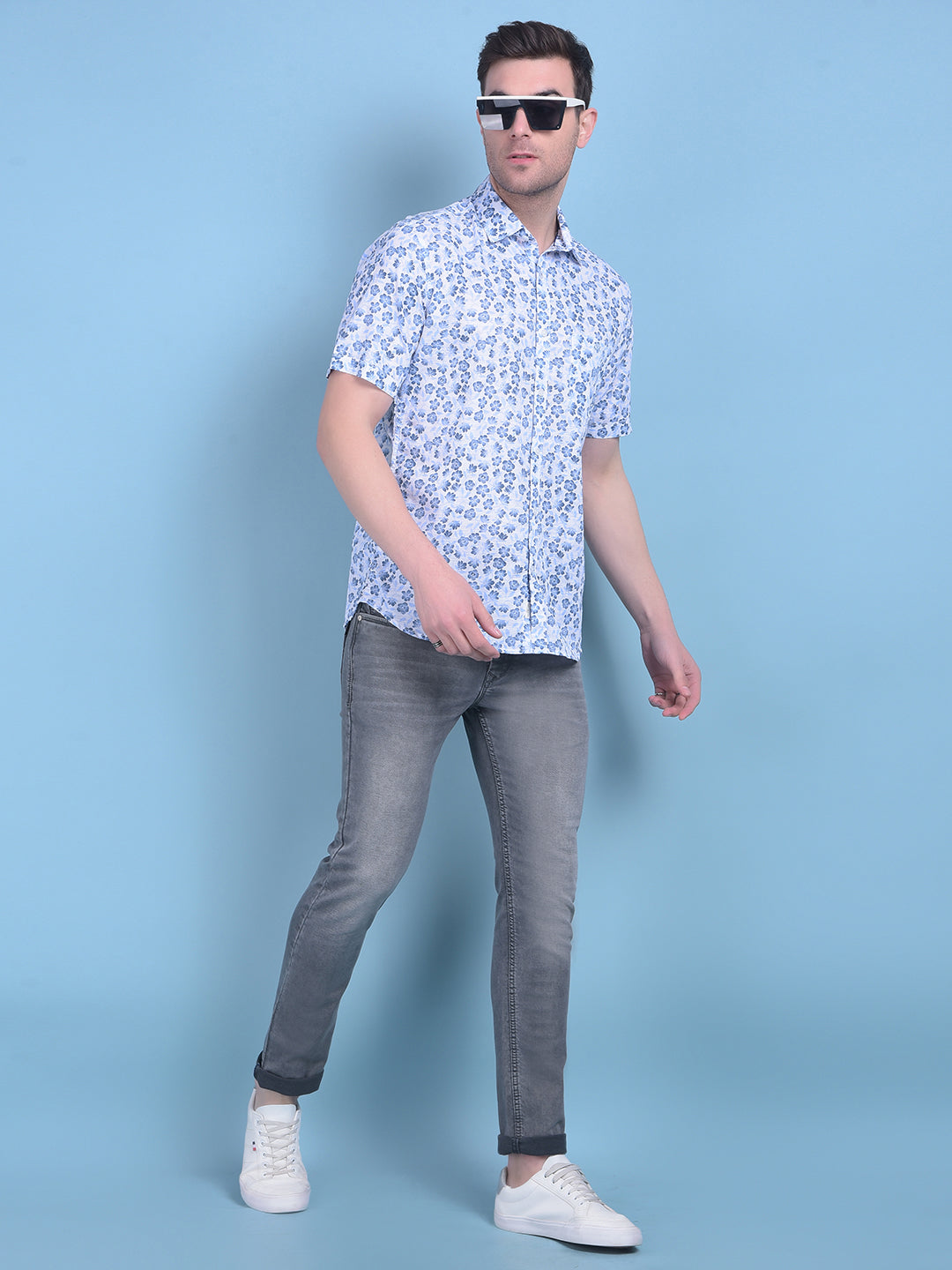 Blue Floral Print 100% Cotton Shirt-Men Shirts-Crimsoune Club