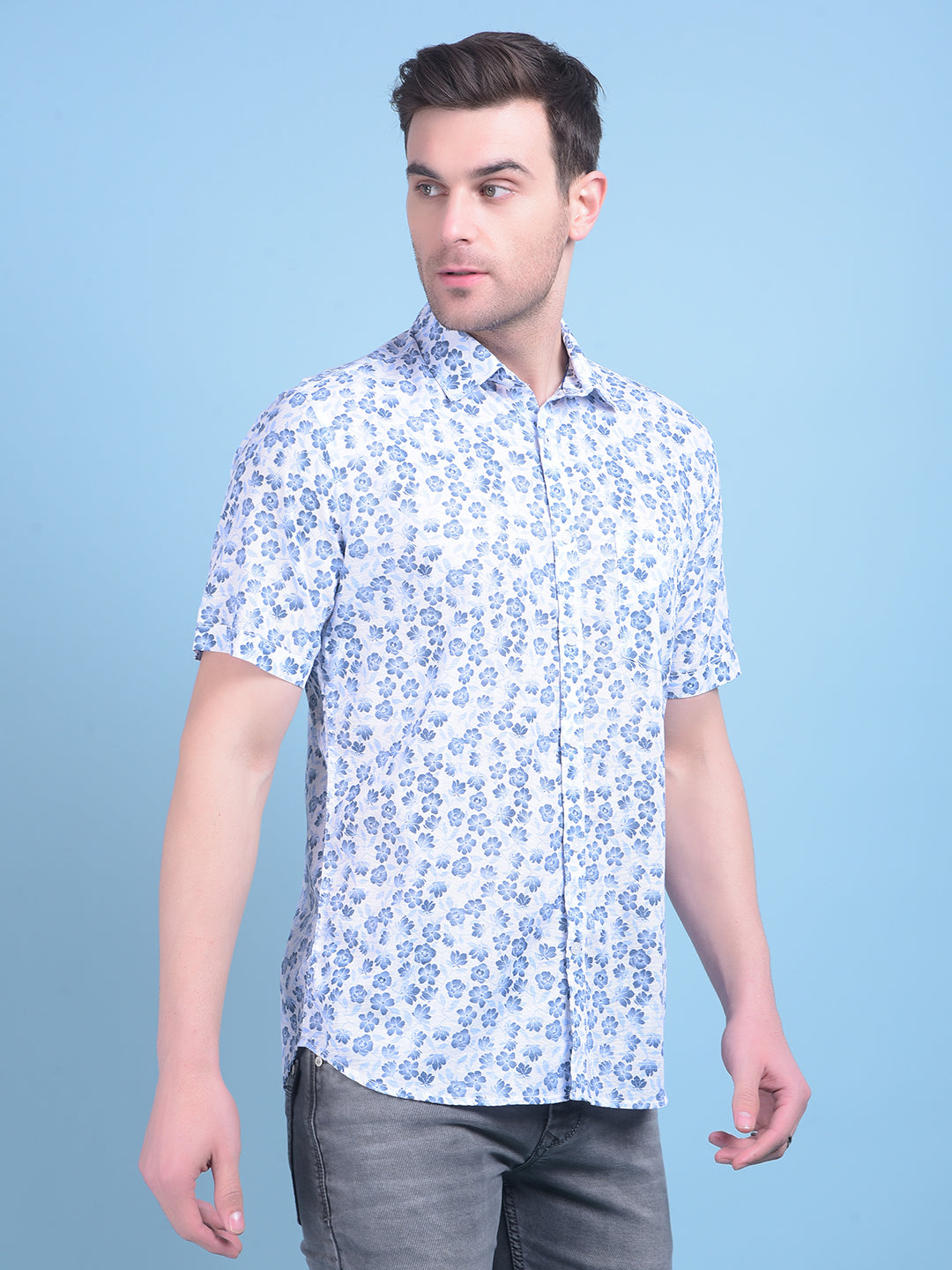 Blue Floral Print 100% Cotton Shirt-Men Shirts-Crimsoune Club