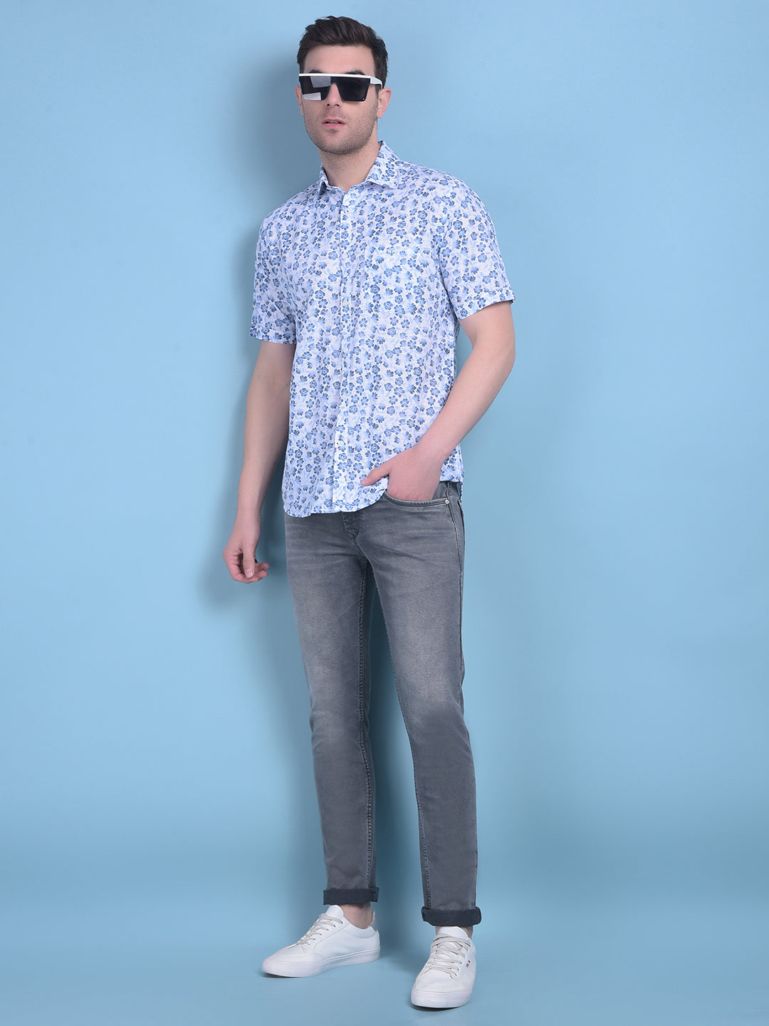 Blue Floral Print 100% Cotton Shirt-Men Shirts-Crimsoune Club