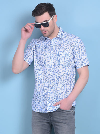 Blue Floral Print 100% Cotton Shirt-Men Shirts-Crimsoune Club