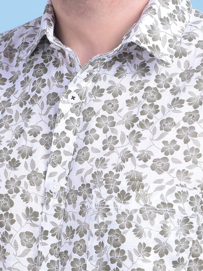 Olive Floral Print 100% Cotton Shirt-Men Shirts-Crimsoune Club