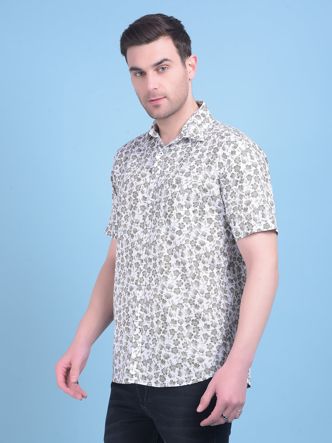 Olive Floral Print 100% Cotton Shirt-Men Shirts-Crimsoune Club