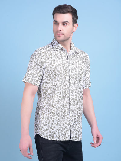 Olive Floral Print 100% Cotton Shirt-Men Shirts-Crimsoune Club