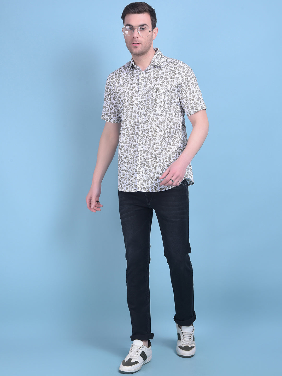 Olive Floral Print 100% Cotton Shirt-Men Shirts-Crimsoune Club