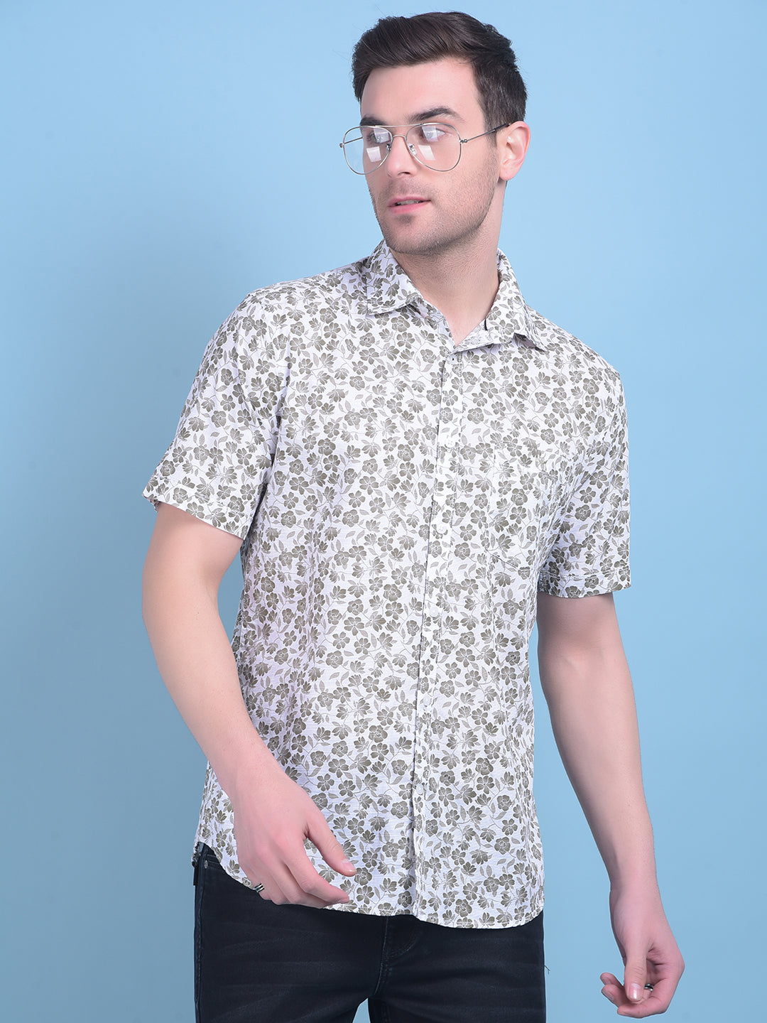 Olive Floral Print 100% Cotton Shirt-Men Shirts-Crimsoune Club