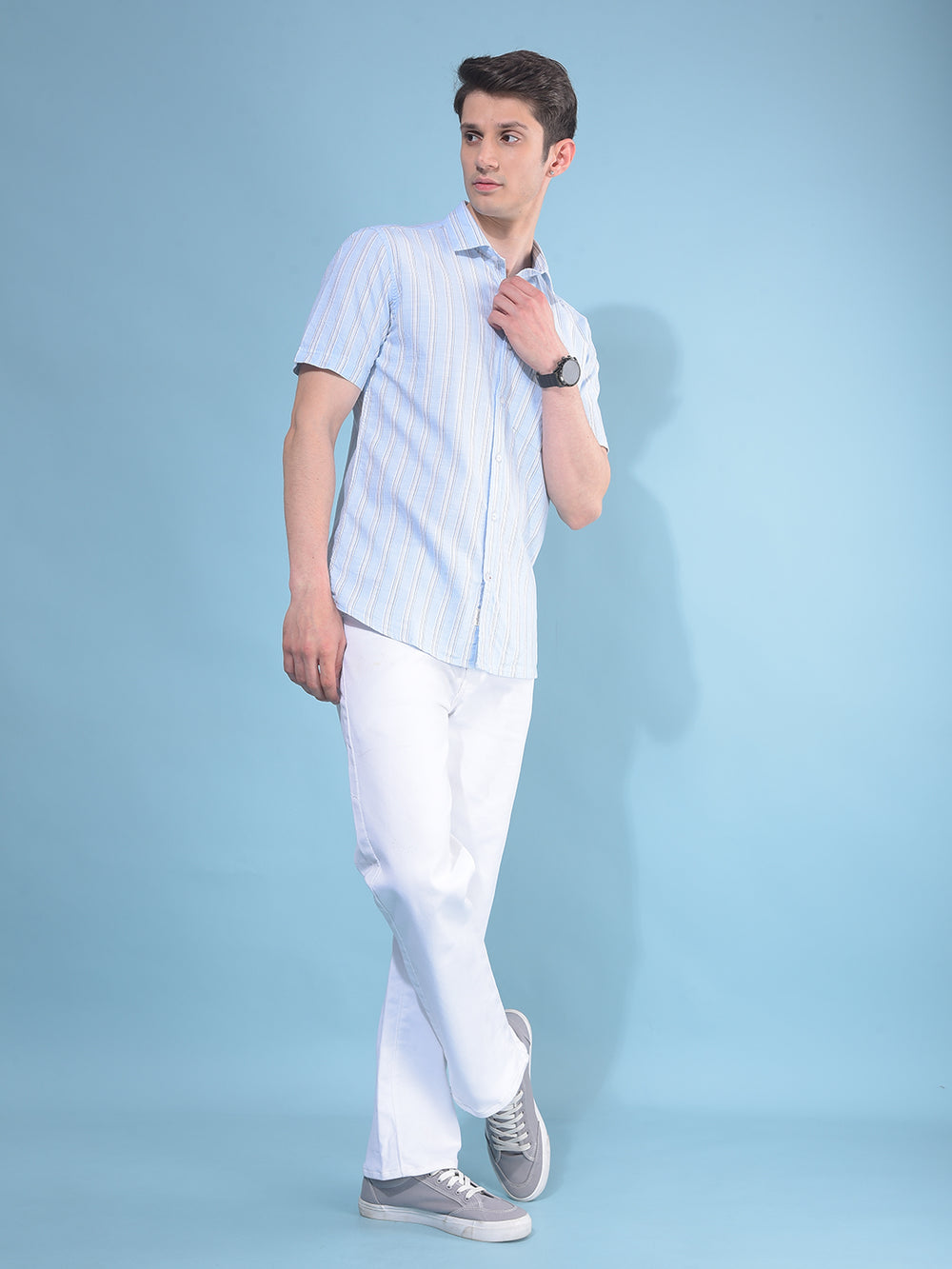 Blue Vertical Striped 100% Cotton Shirt-Men Shirts-Crimsoune Club