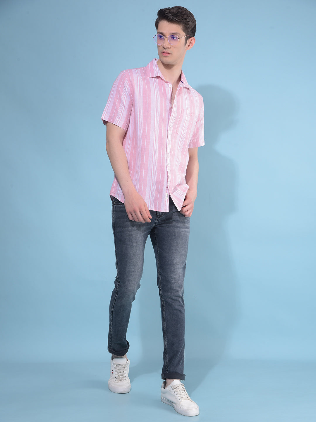 Pink Vertical Striped Linen Shirt-Men Shirts-Crimsoune Club