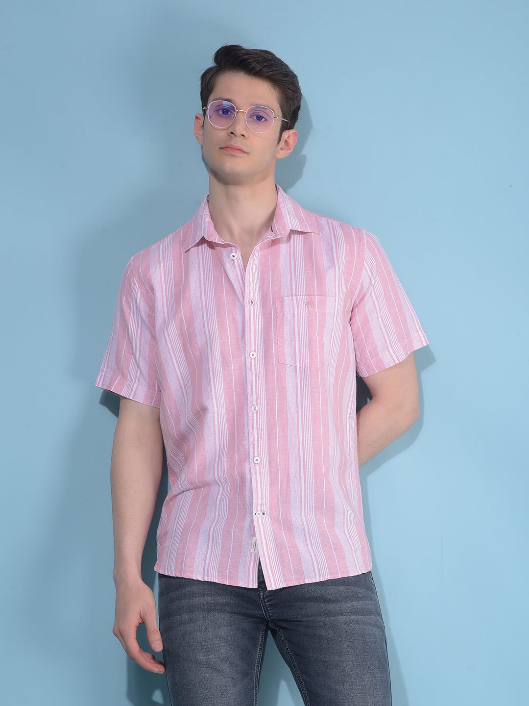 Pink Vertical Striped Linen Shirt-Men Shirts-Crimsoune Club