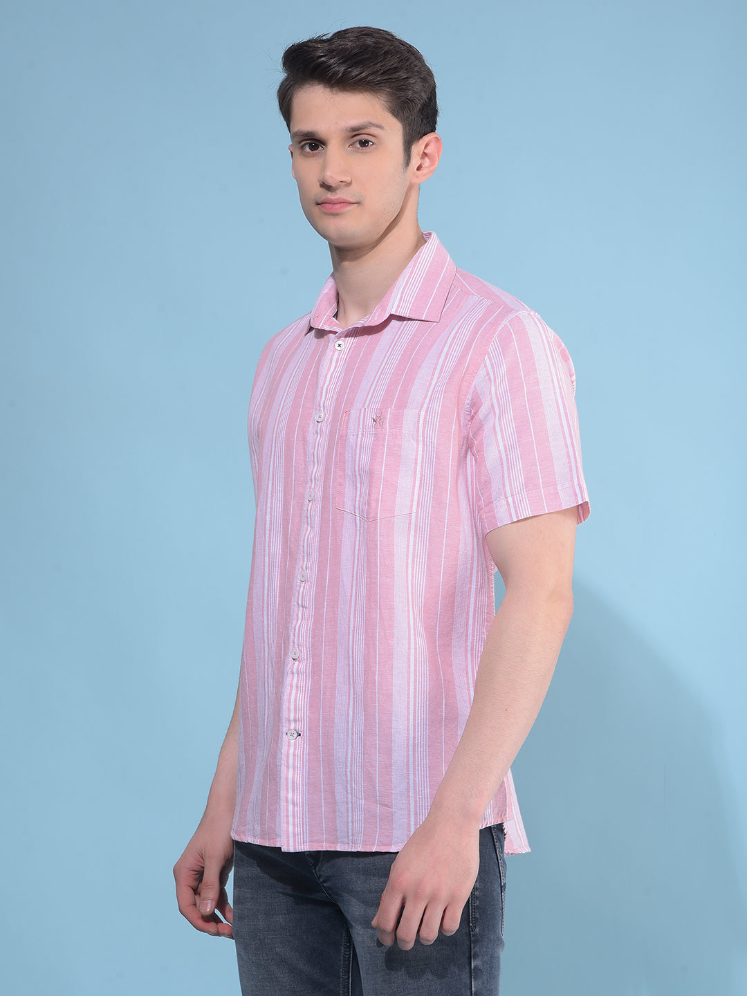 Pink Vertical Striped Linen Shirt-Men Shirts-Crimsoune Club
