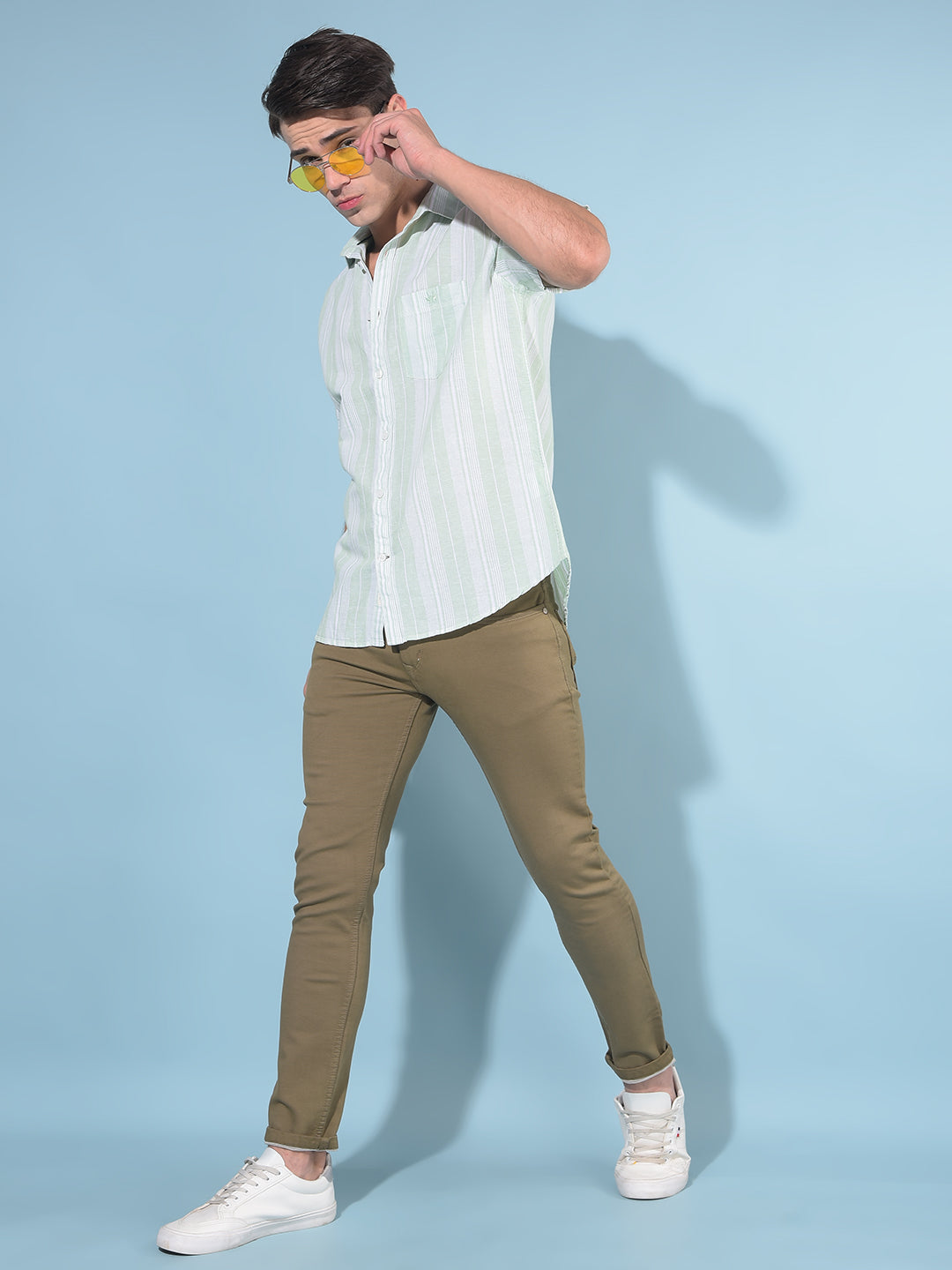 Green Vertical Striped Linen Shirt-Men Shirts-Crimsoune Club