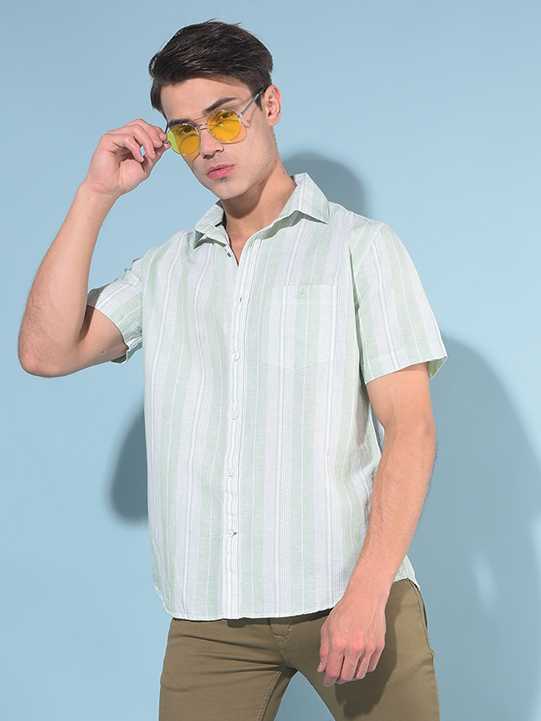 Green Vertical Striped Linen Shirt-Men Shirts-Crimsoune Club