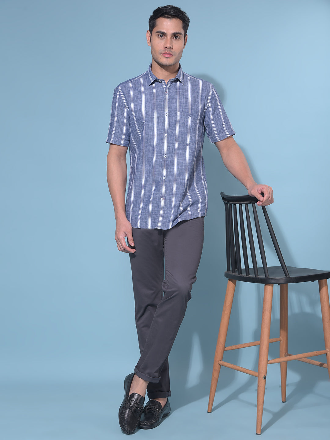 Grey Vertical Striped 100% Cotton Shirt-Men Shirts-Crimsoune Club