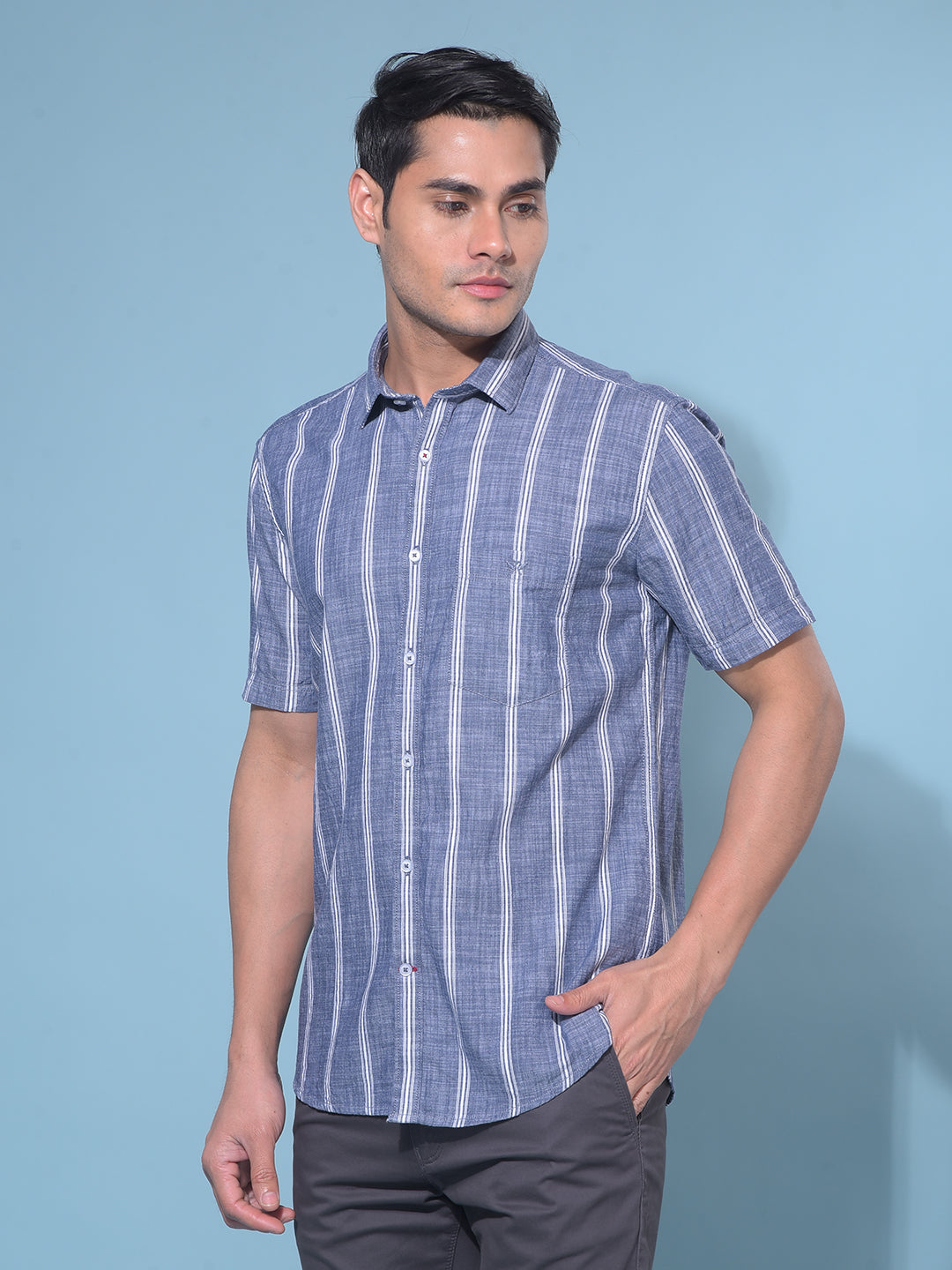 Grey Vertical Striped 100% Cotton Shirt-Men Shirts-Crimsoune Club