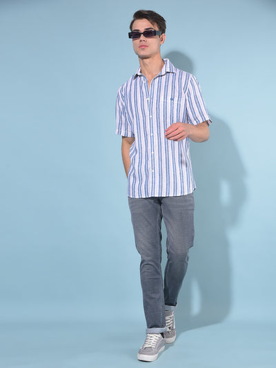 Blue Vertical Striped Linen Shirt-Men Shirts-Crimsoune Club