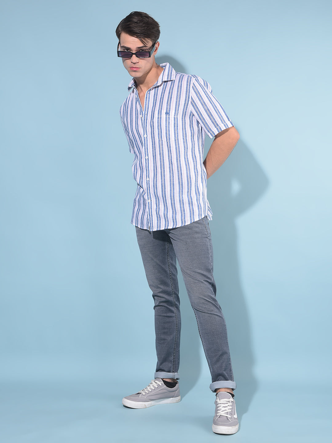 Blue Vertical Striped Linen Shirt-Men Shirts-Crimsoune Club