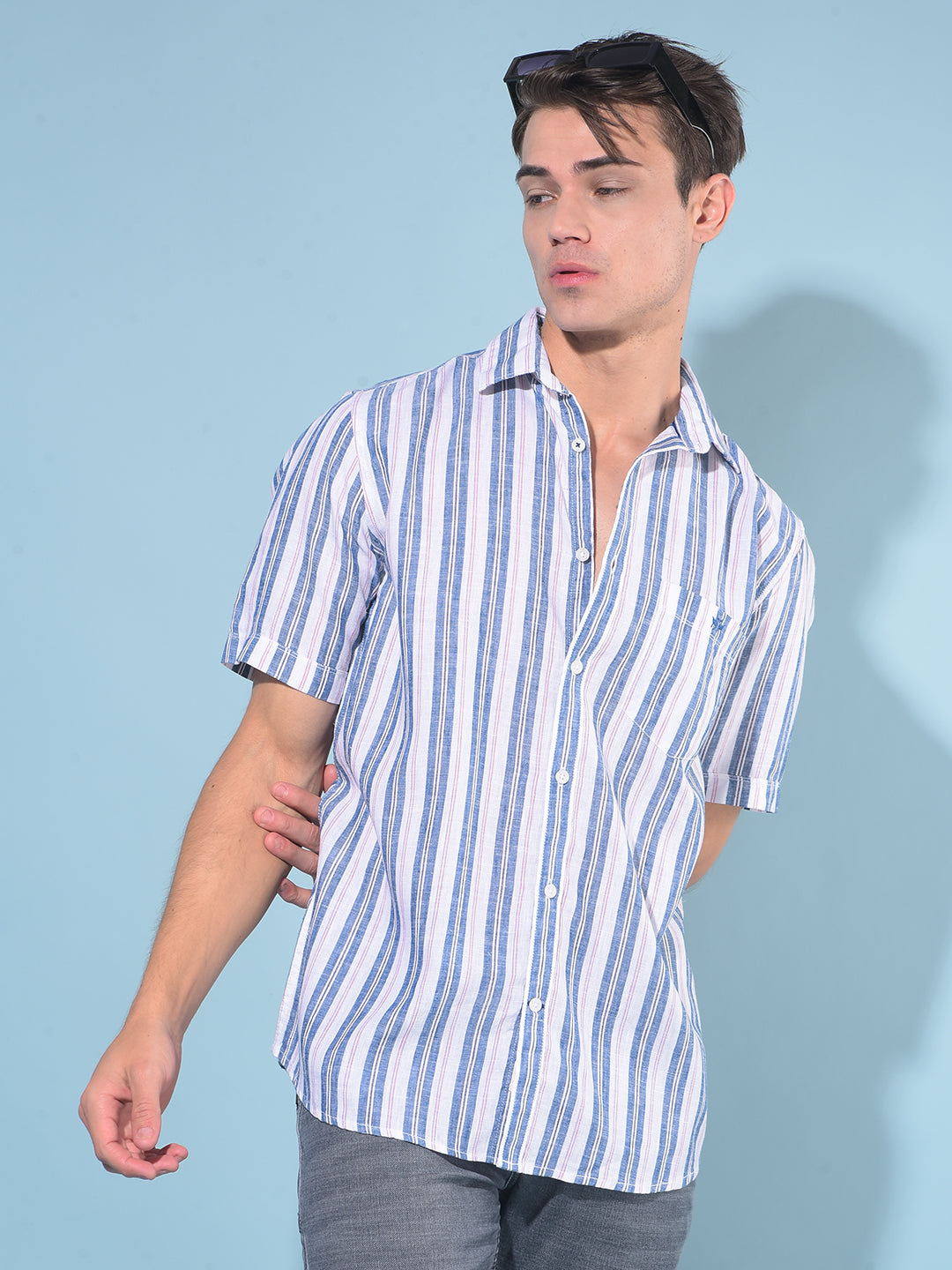 Blue Vertical Striped Linen Shirt-Men Shirts-Crimsoune Club