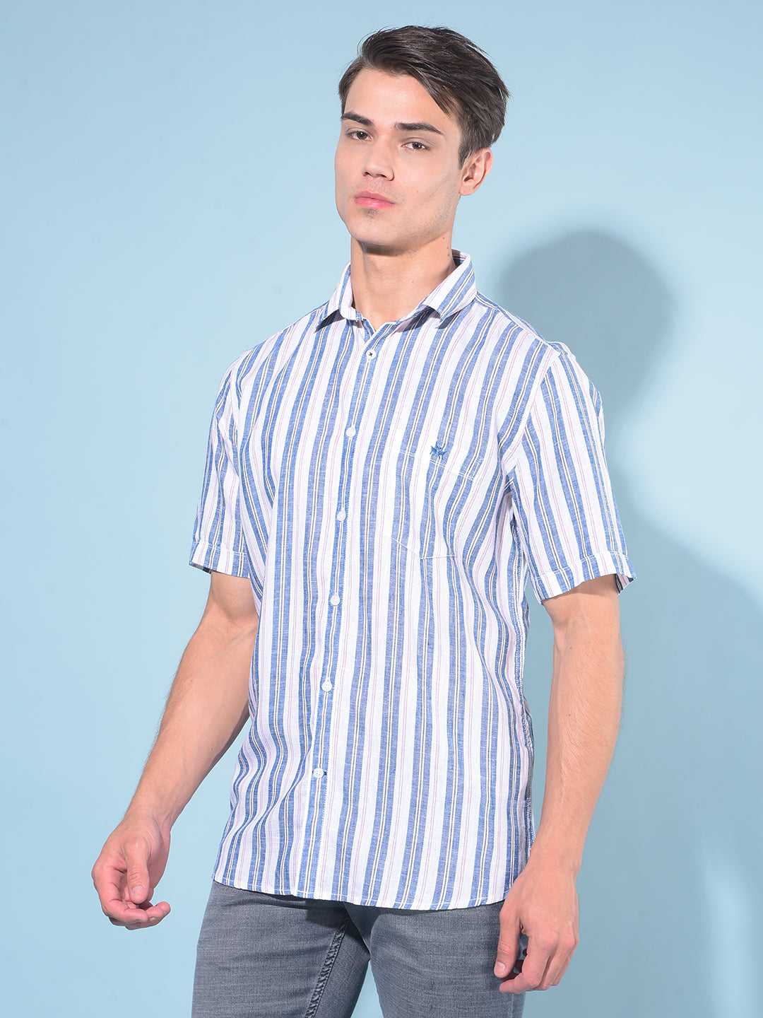 Blue Vertical Striped Linen Shirt-Men Shirts-Crimsoune Club