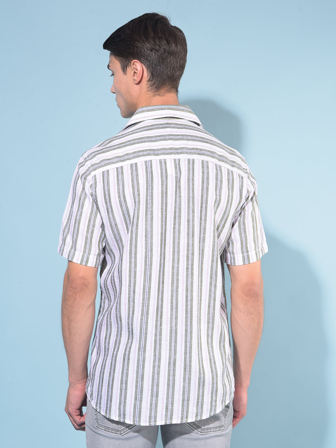 Olive Vertical Striped Linen Shirt-Men Shirts-Crimsoune Club