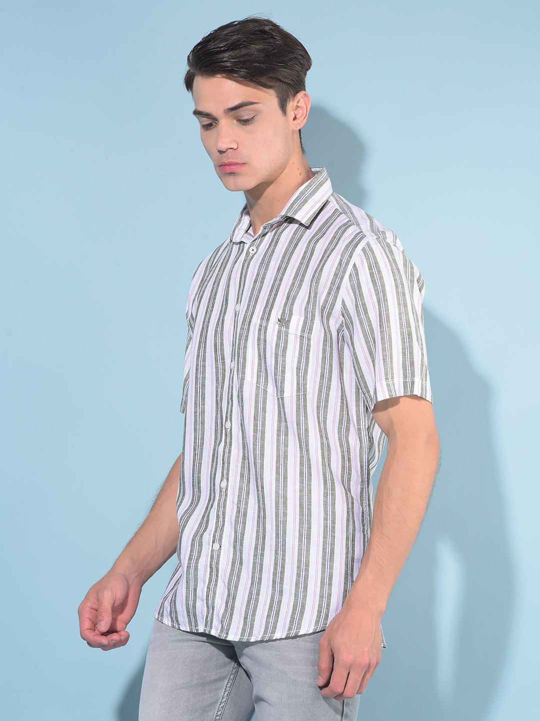 Olive Vertical Striped Linen Shirt-Men Shirts-Crimsoune Club