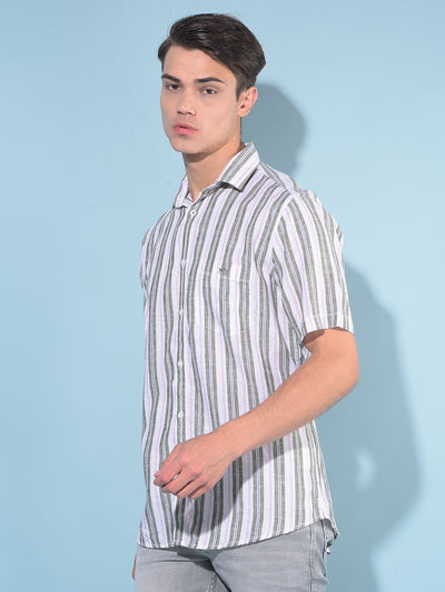 Olive Vertical Striped Linen Shirt-Men Shirts-Crimsoune Club