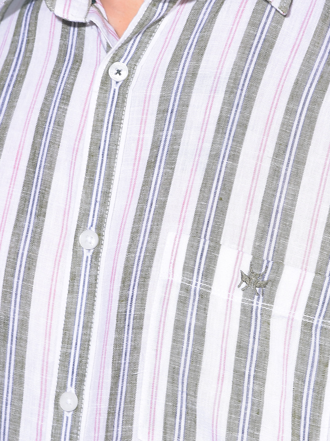 Olive Vertical Striped Linen Shirt-Men Shirts-Crimsoune Club