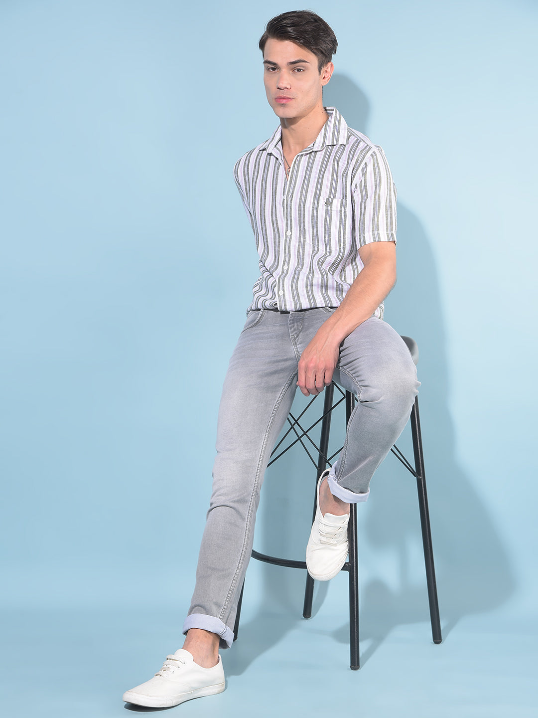 Olive Vertical Striped Linen Shirt-Men Shirts-Crimsoune Club