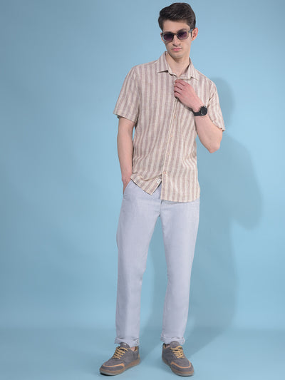 Brown Vertical Striped Linen Shirt-Men Shirts-Crimsoune Club