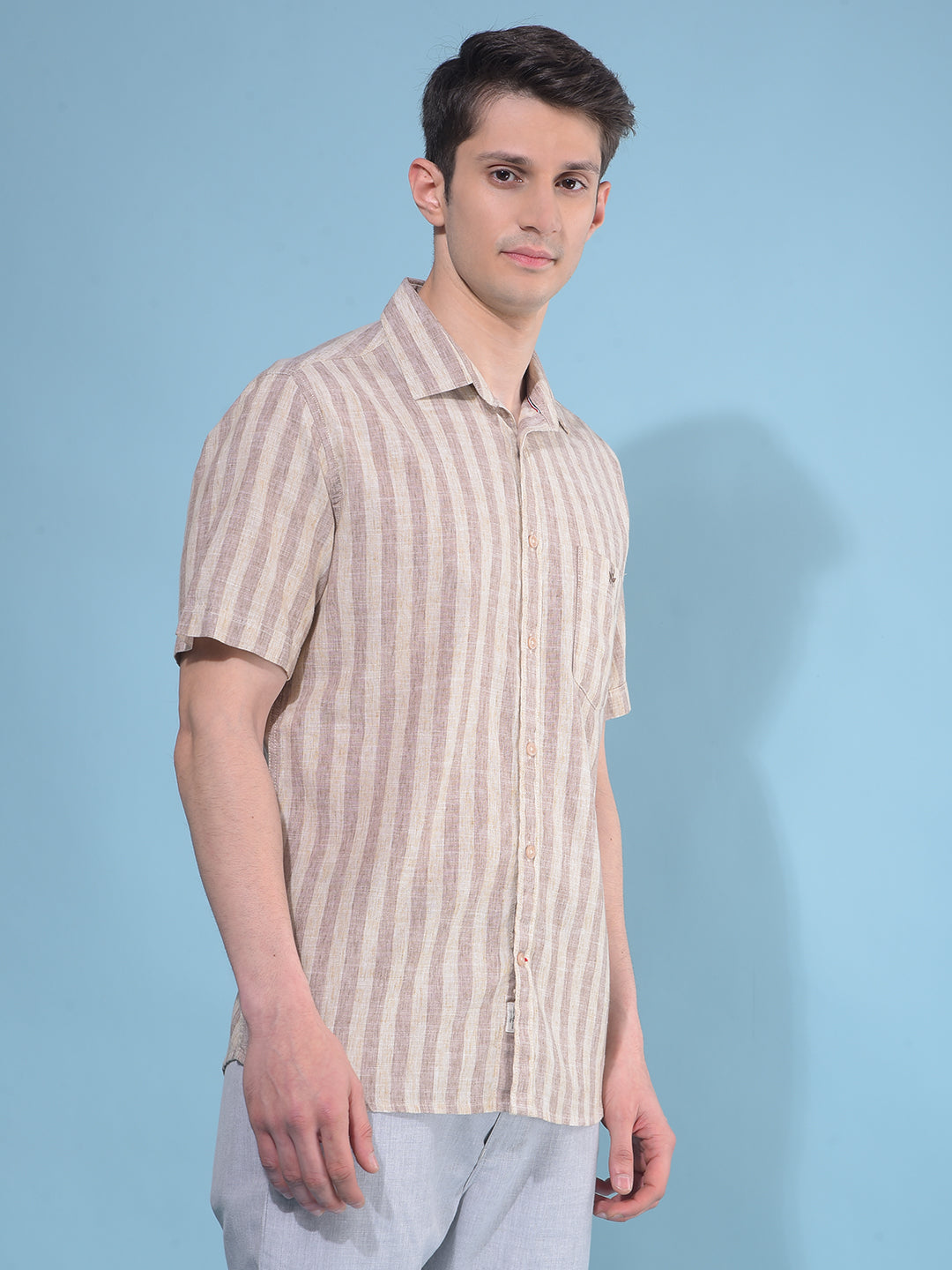 Brown Vertical Striped Linen Shirt-Men Shirts-Crimsoune Club