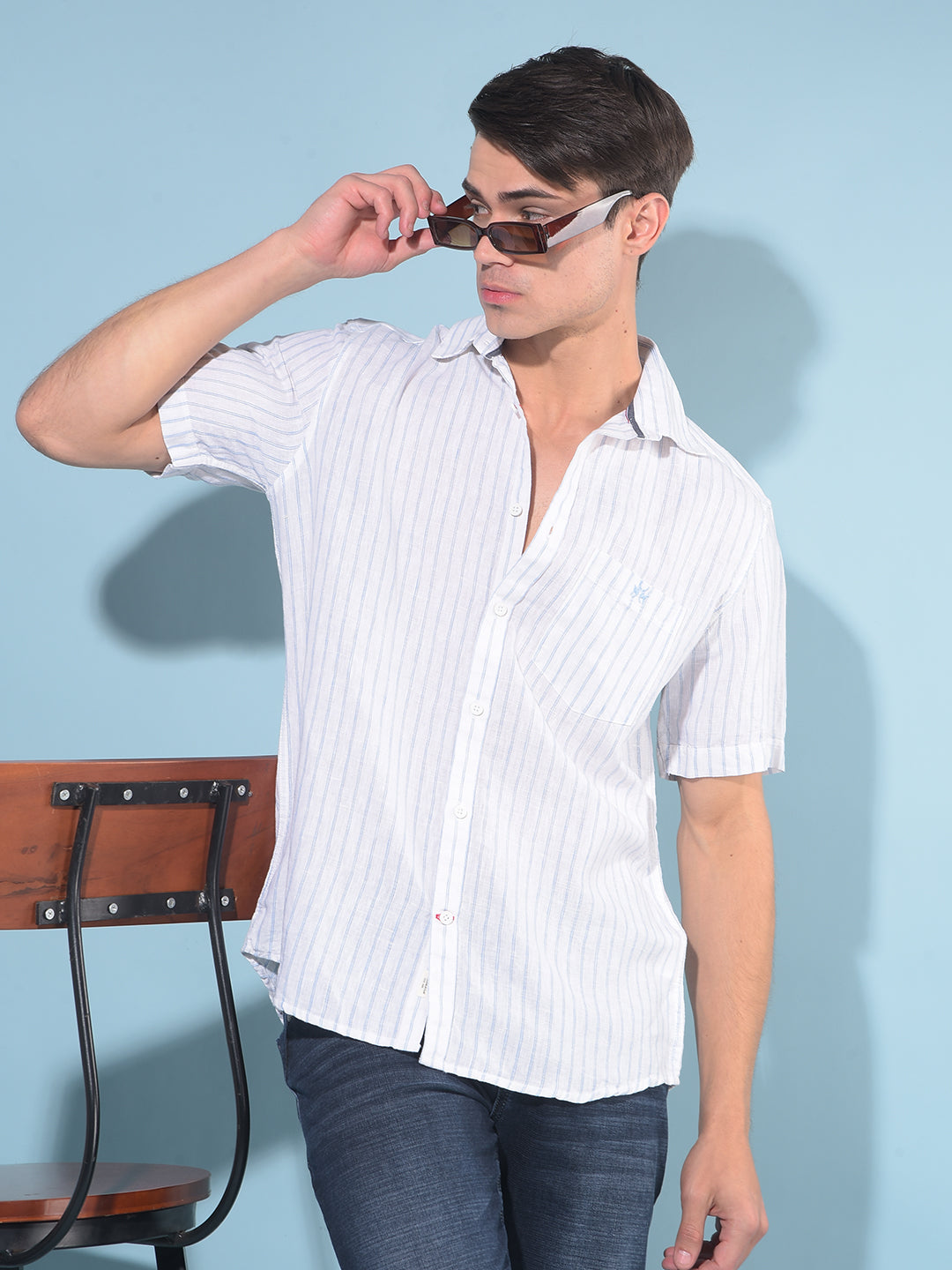 White Vertical Striped Linen Shirt-Men Shirts-Crimsoune Club