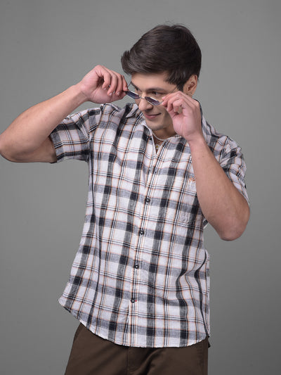 Peach Checked Linen Shirt-Men Shirts-Crimsoune Club
