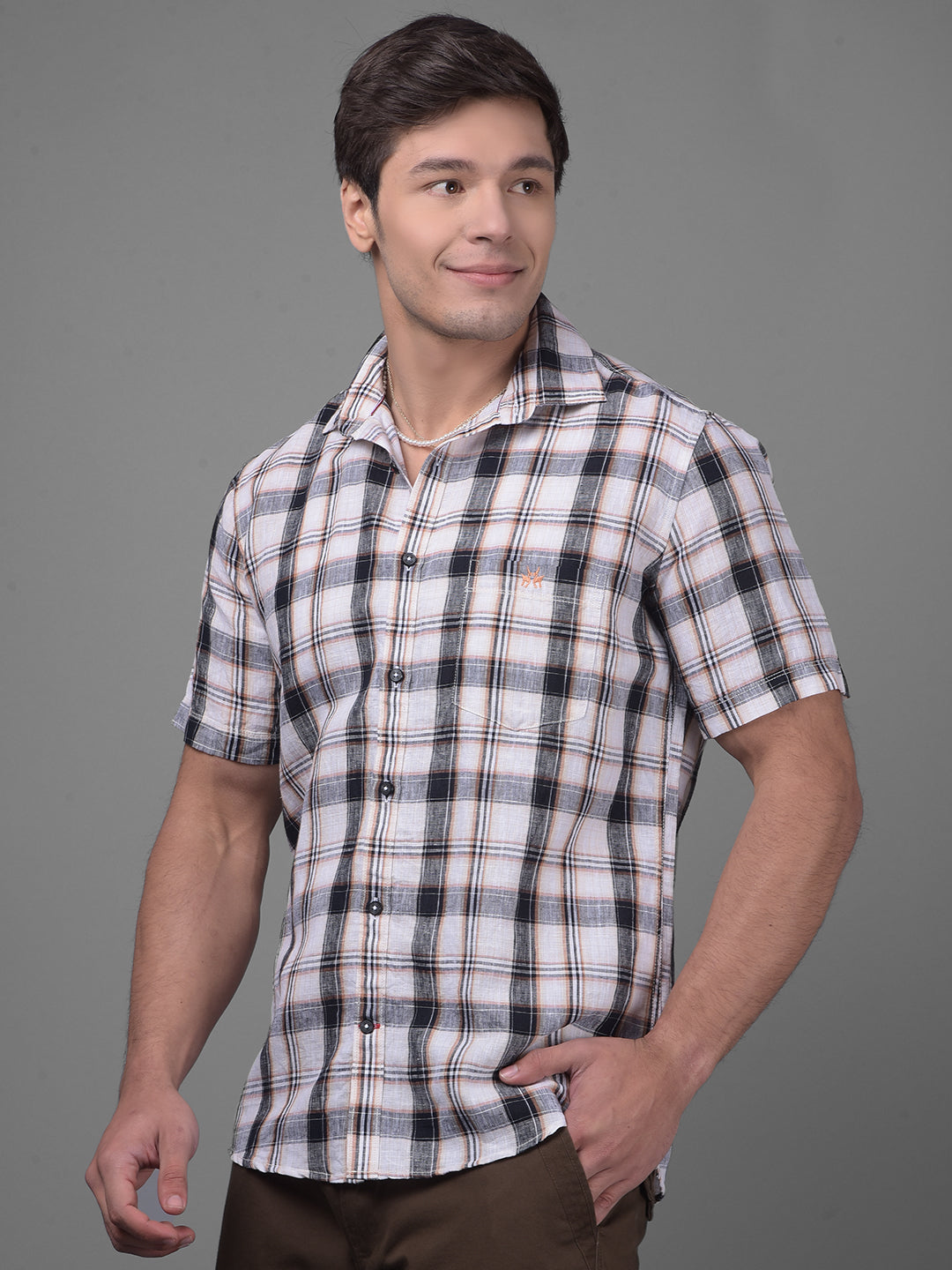 Peach Checked Linen Shirt-Men Shirts-Crimsoune Club