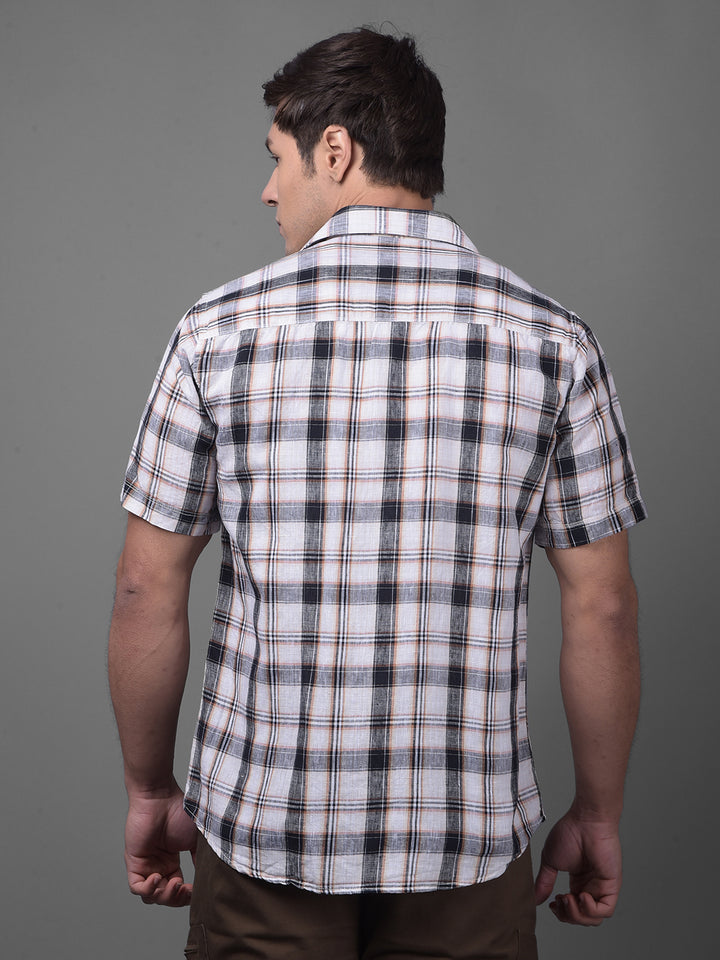 Peach Checked Linen Shirt-Men Shirts-Crimsoune Club