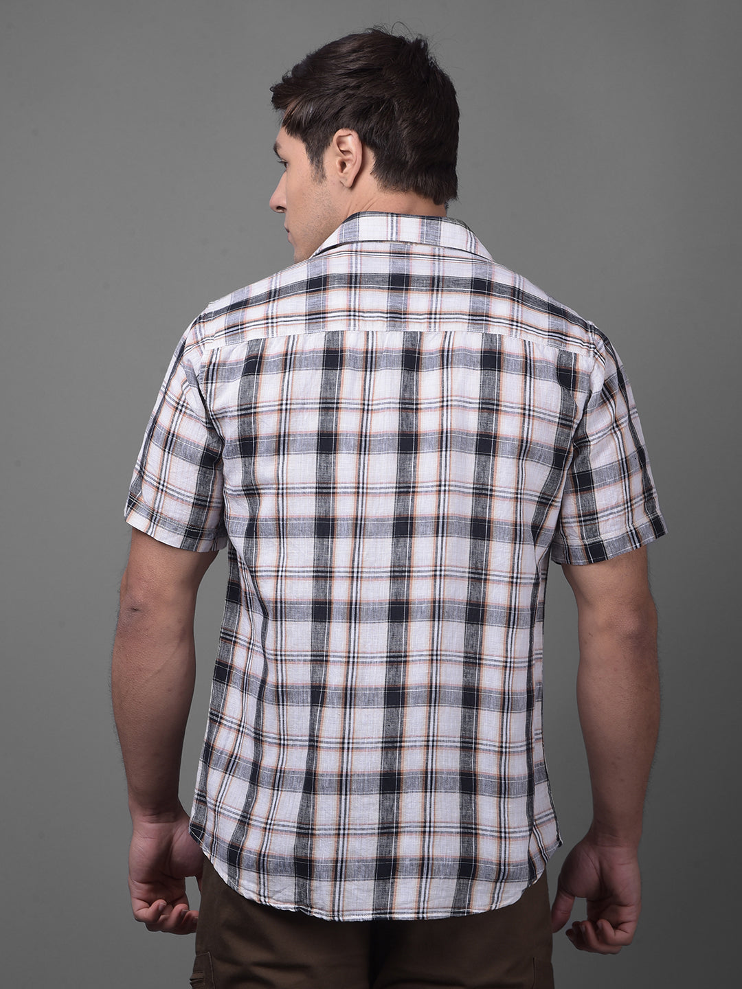 Peach Checked Linen Shirt-Men Shirts-Crimsoune Club