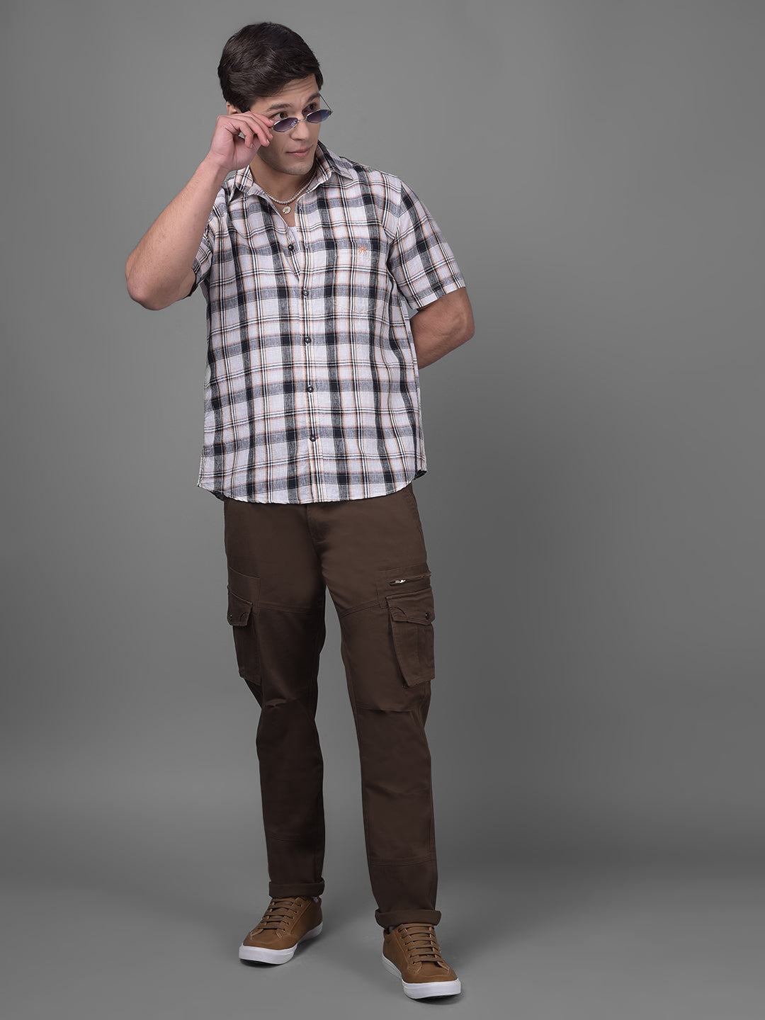 Peach Checked Linen Shirt-Men Shirts-Crimsoune Club