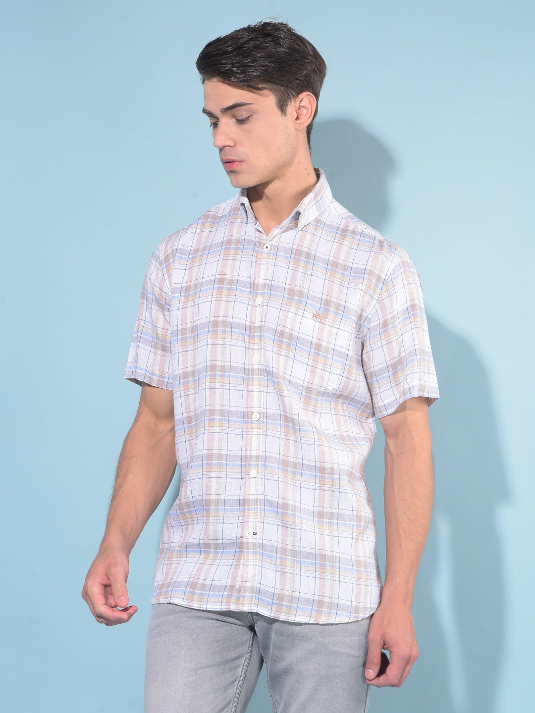 Beige Tartan Check Linen Shirt-Men Shirts-Crimsoune Club