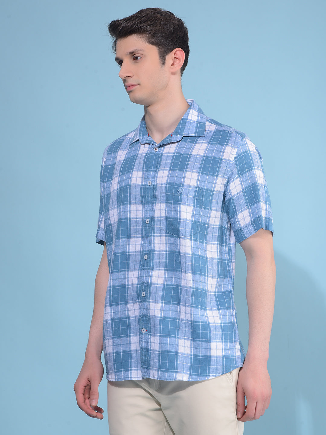 Blue Tartan Check Linen Shirt-Men Shirts-Crimsoune Club