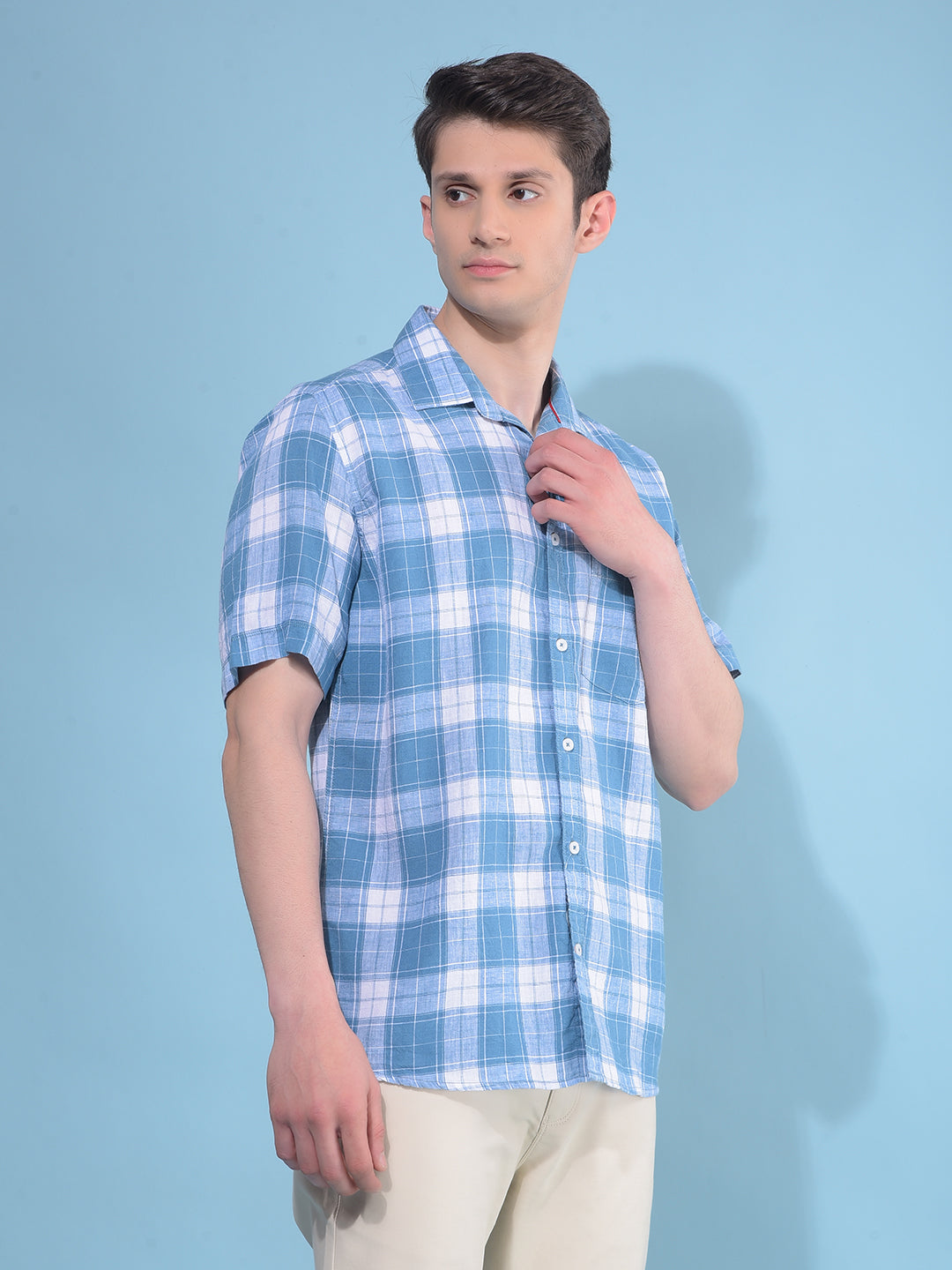 Blue Tartan Check Linen Shirt-Men Shirts-Crimsoune Club