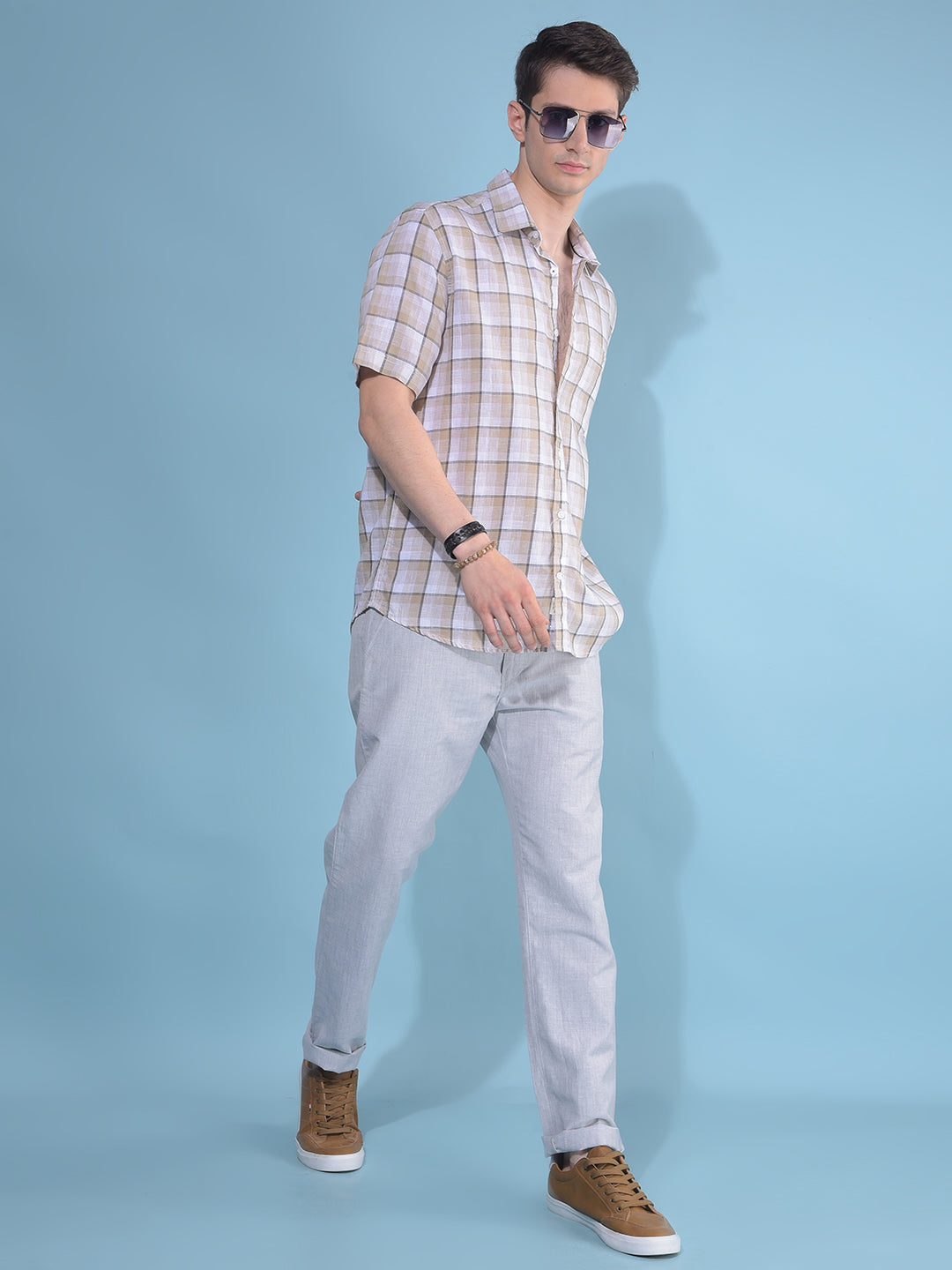 Beige Plain Check Linen Shirt-Men Shirts-Crimsoune Club