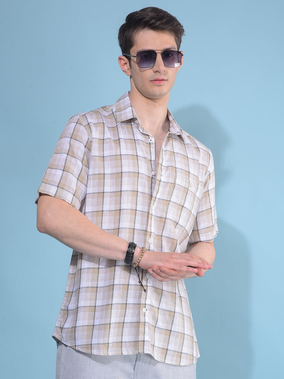 Beige Plain Check Linen Shirt-Men Shirts-Crimsoune Club