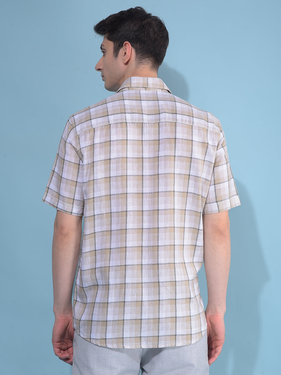 Beige Plain Check Linen Shirt-Men Shirts-Crimsoune Club