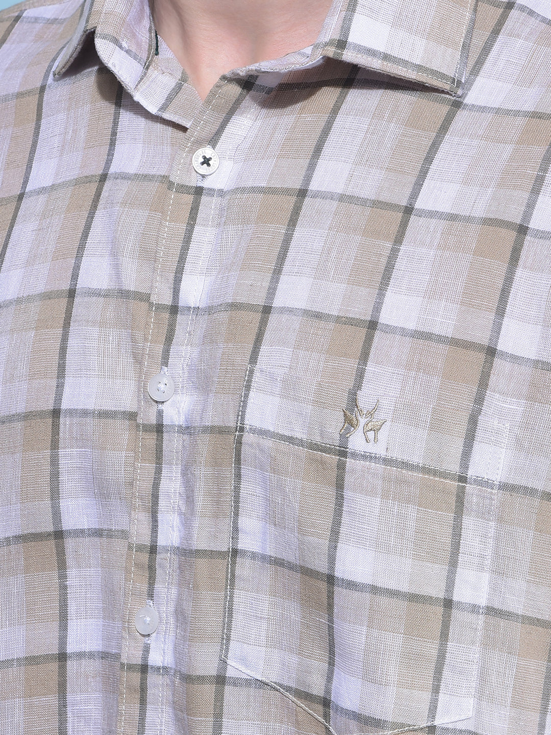 Beige Plain Check Linen Shirt-Men Shirts-Crimsoune Club