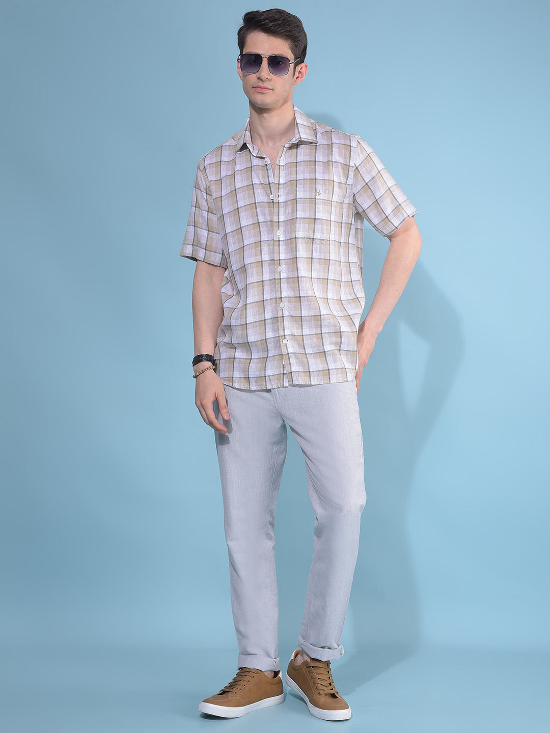 Beige Plain Check Linen Shirt-Men Shirts-Crimsoune Club