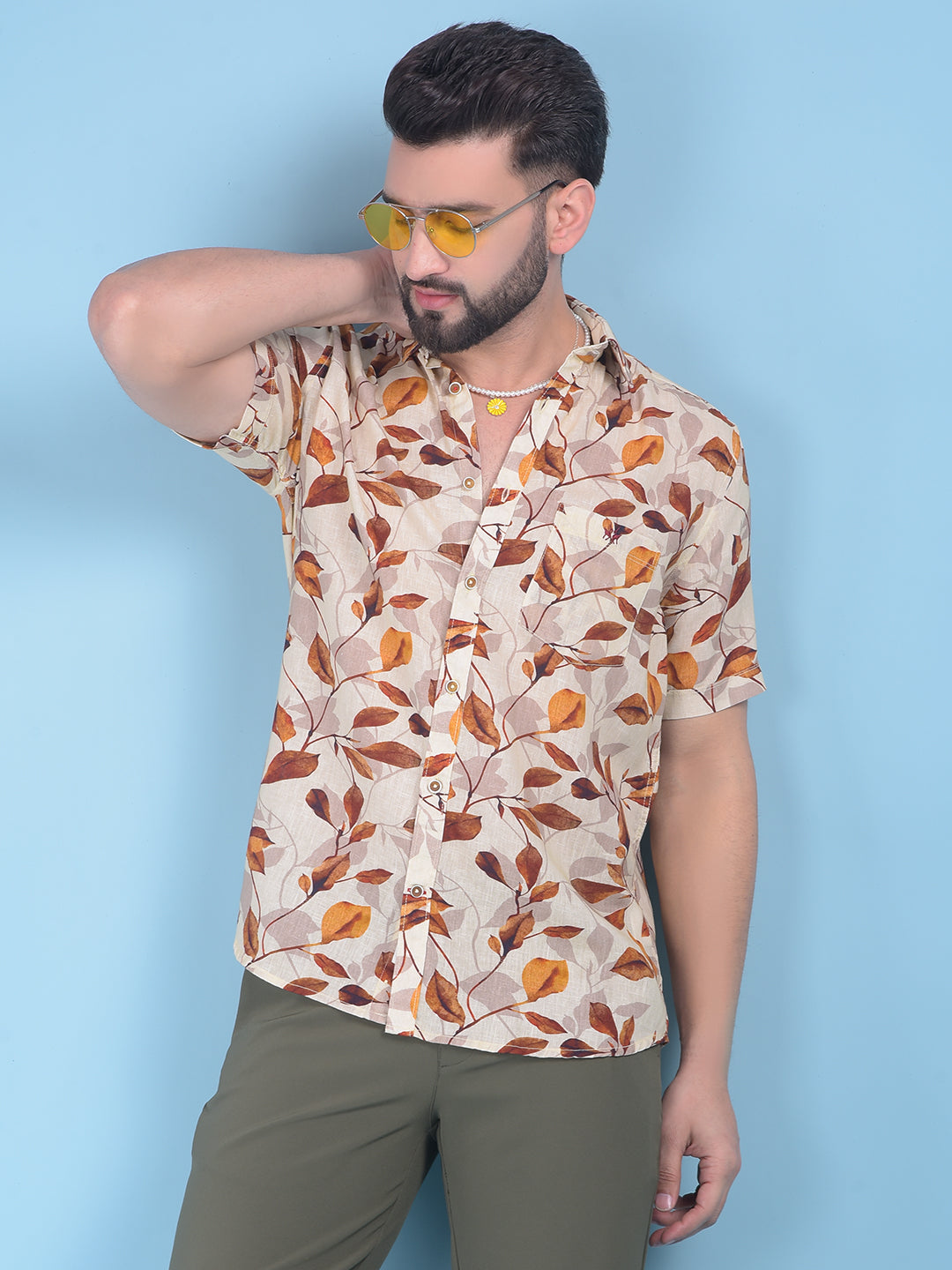 Brown Floral Print Shirt-Men Shirts-Crimsoune Club