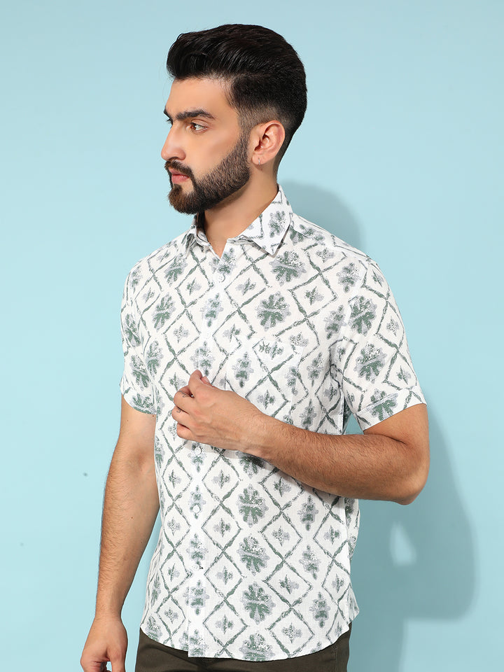 Green Floral Print Linen Shirt-Men Shirts-Crimsoune Club