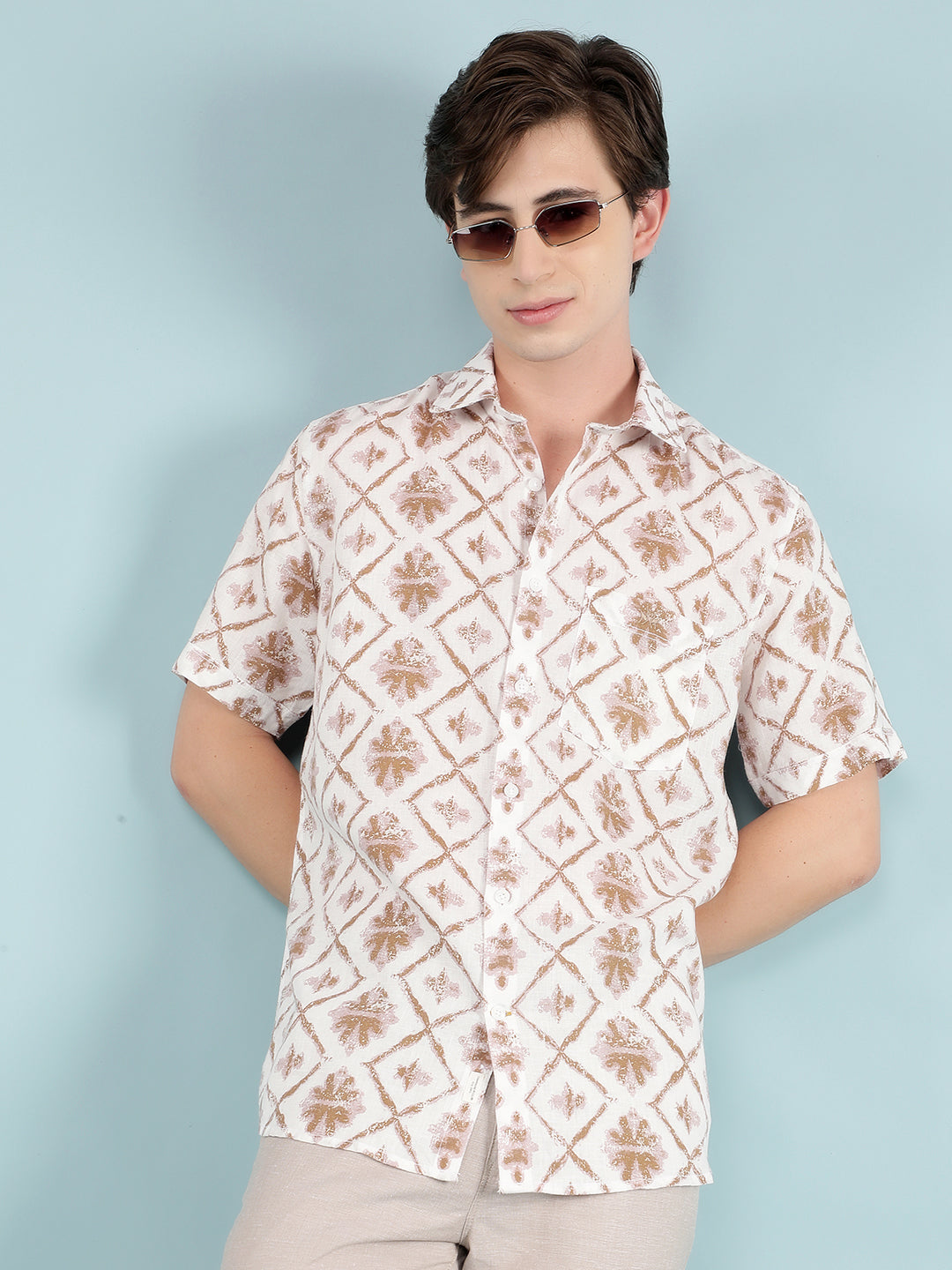 Green Printed Linen Shirt-Men Shirts-Crimsoune Club